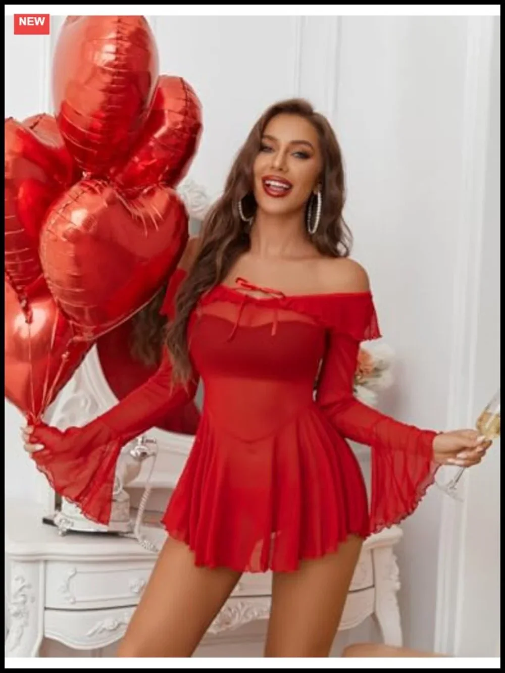 Sheer Long Sleeve Babydoll Lingerie Ruffle Dress
